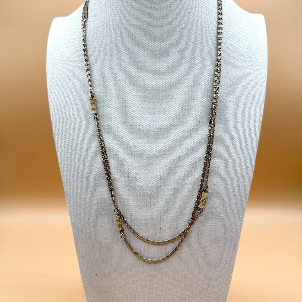 Two Tone Silver & Gold Tone Double Strand Byzantine Chain Necklace Statement